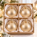 Set 4 Palline di Natale Champagne Opaco in Vetro con Decorazioni Glitterate – Ø 8 cm
