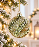 Set 4 Palline di Natale in Vetro Verde e Oro con Decorazioni Glitter – Ø 8 cm
